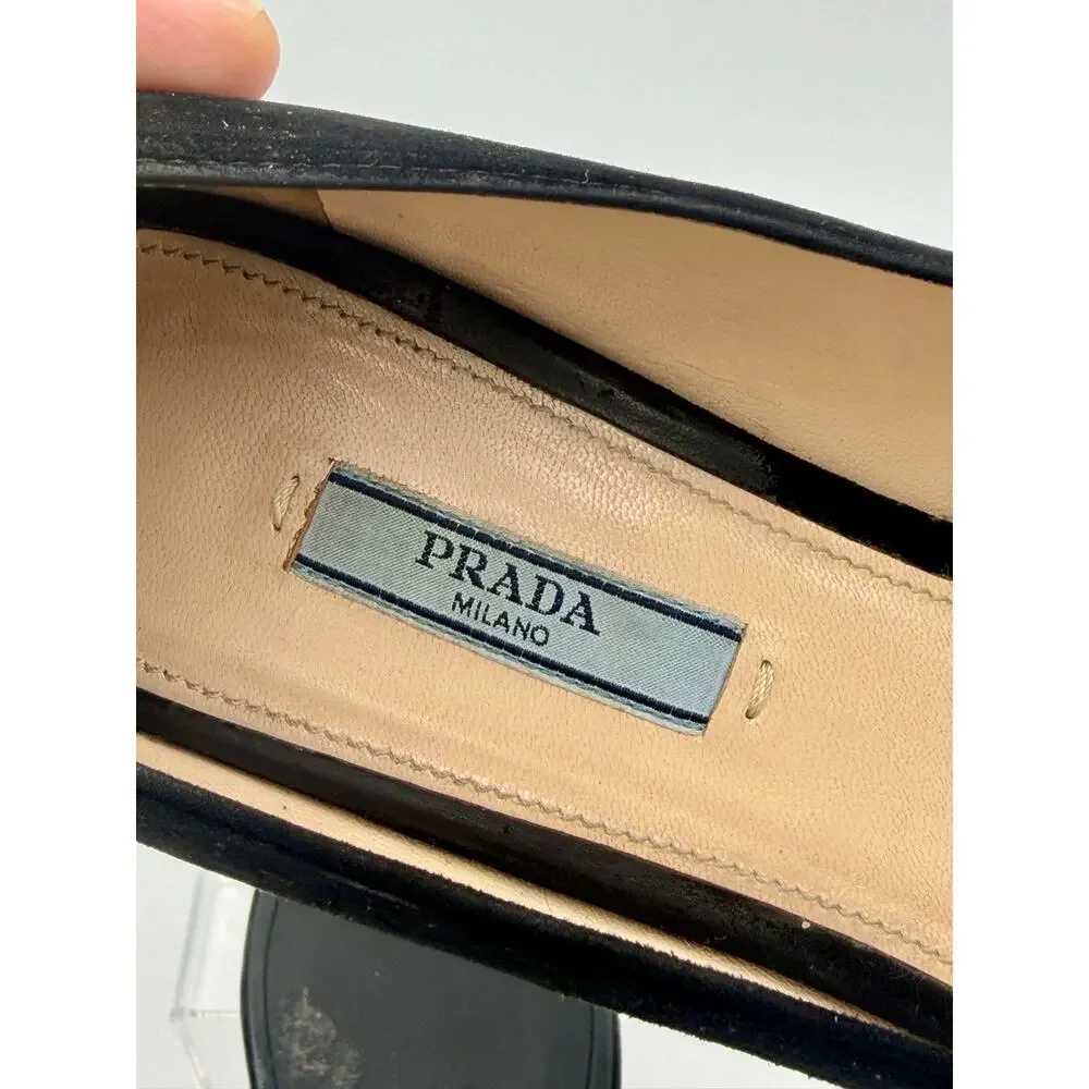 Prada Square Toe Pumps Black Suede Size 39.5 / 9.5 Metal Buckle Logo
